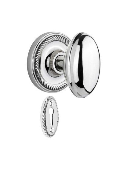 Rope Rosette Mortise-Lock Set with Homestead Knobs in Polished Chrome.